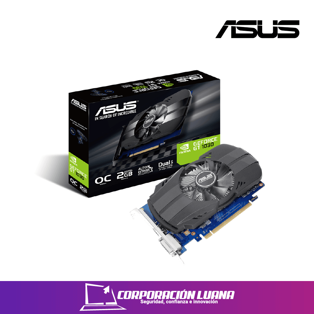 TARJETA DE VIDEO ASUS NVIDIA GEFORCE GT 1030, 2GB GDDR5 64-BIT, PCI-E 3.0,HDMI/DVI.TECNOLOGÍAS: NVIDIA CUDA, NVIDIA ADAPTIVE V-SYNC, NVIDIA PHYSX READ
