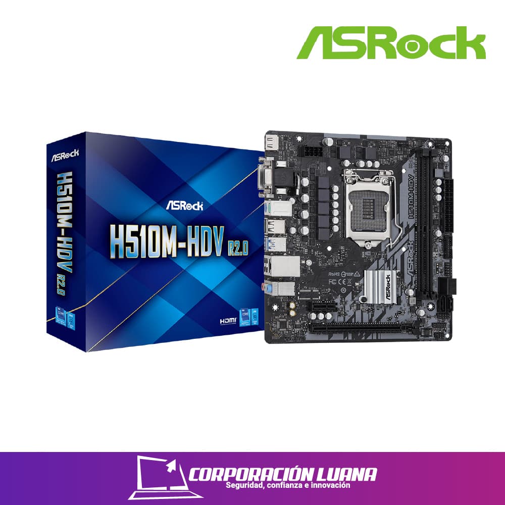 Imagen de MOTHERBOARD ASROCK H510M-HDV/R2.0 ( 90-MXBGS0-A0UAYZ ) LGA 1200