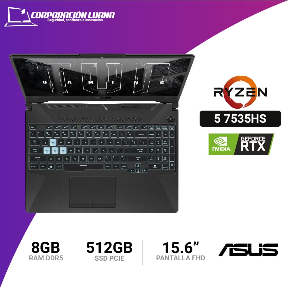 LAPTOP ASUS TUF GAMING RYZEN 5 7535HS A15 ( FA506N-HN005W ) RAM 8GB DDR5 | SSD 512GB | RTX 2050 4GB | 15.6" FHD | WINDOWS 11 | COLOR GRAFITO