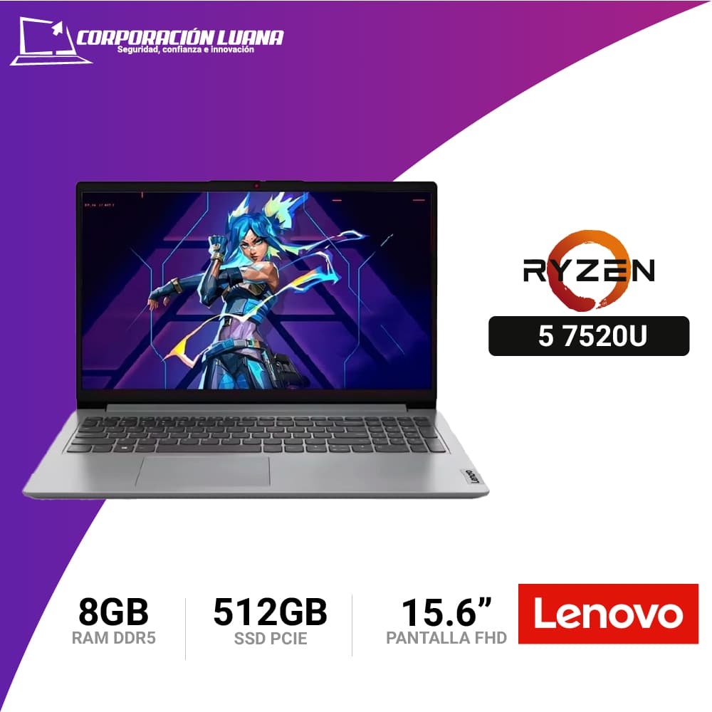 LAPTOP LENOVO  IDEAPAD 1 RYZEN 5 7520U ( 15AMN7 ) RAM 8GB DDR5 | SSD 512GB | 15.6" FHD | FREE OS