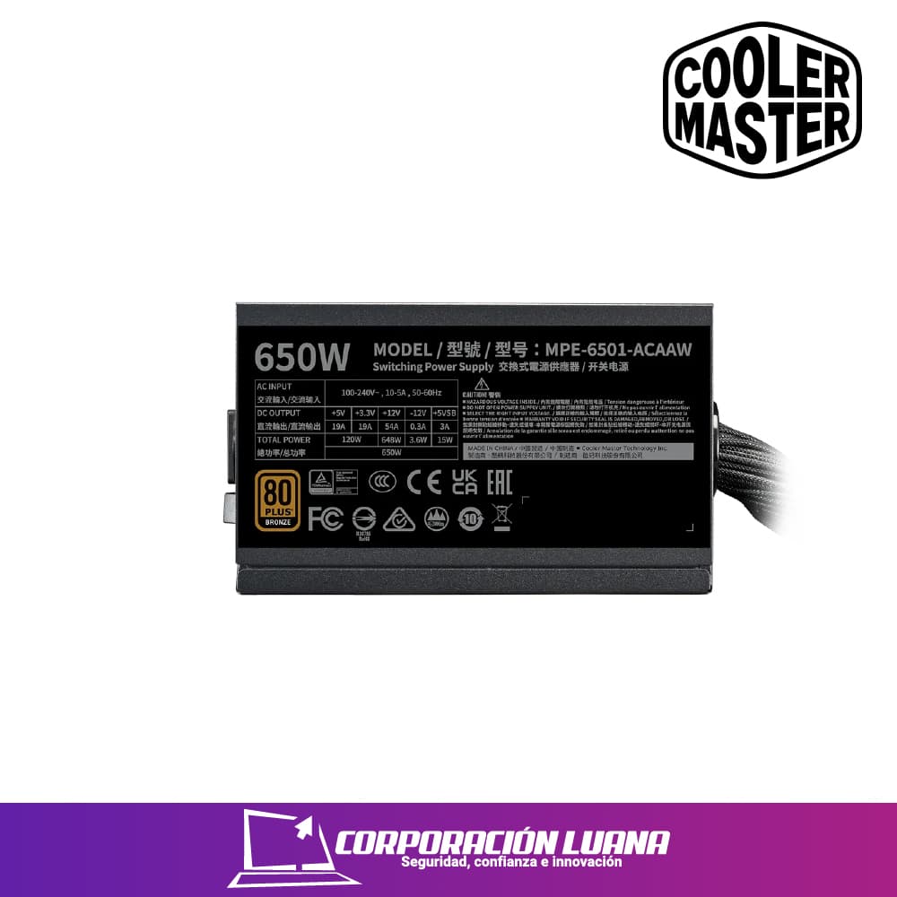Imagen de FUENTE DE PODER COOLER MASTER MWE V3 ( MPE-6501-ACAAW-3B ) 650W | 80 PLUS BRONZE