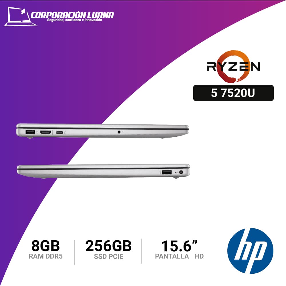 Imagen de LAPTOP HP AMD RYZEN 5 7520U 15-FC009LA ( 802M9LA#ABM ) RAM 8GB DDR5 | SSD 256GB | 15.6" | VIDEO INTEGRADO | FREE OS