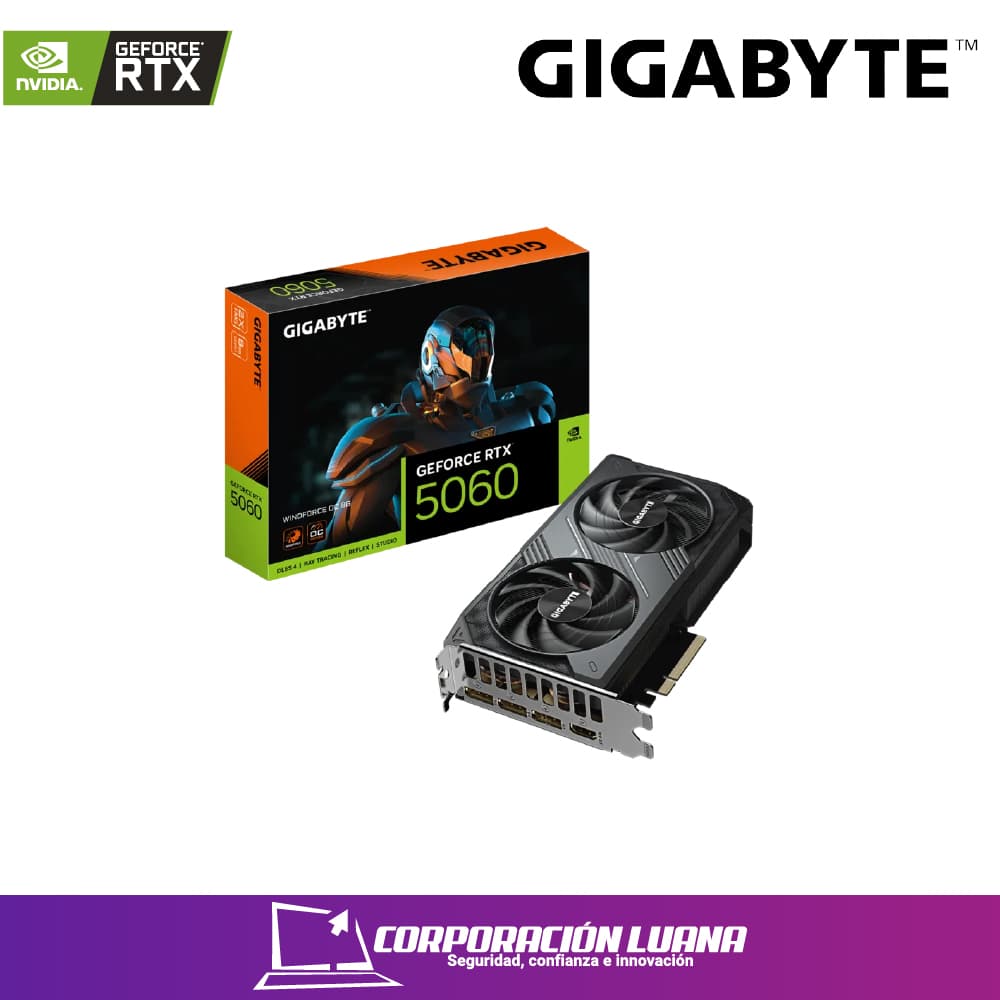Foto del producto TARJETA DE VIDEO GIGABYTE RTX 5060 WINDFORCE OC ( GV-N5060WF2OC-8GD ) 8GB - GDDR7 | X2 FANES | DLSS4 | 3 DP - HDMI | 128 BIT