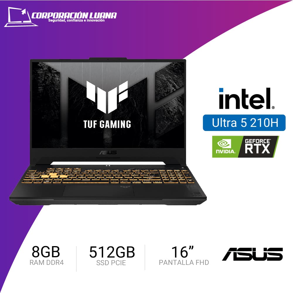 Foto del producto LAPTOP ASUS TUF GAMING F16 INTEL CORE 5 210H ( FX607VJ-RLO11W ) RAM 8GB DDR4 | SSD 512GB | 16" FHD+ 144HZ | RTX 3050 6GB | WIN 11 HOME