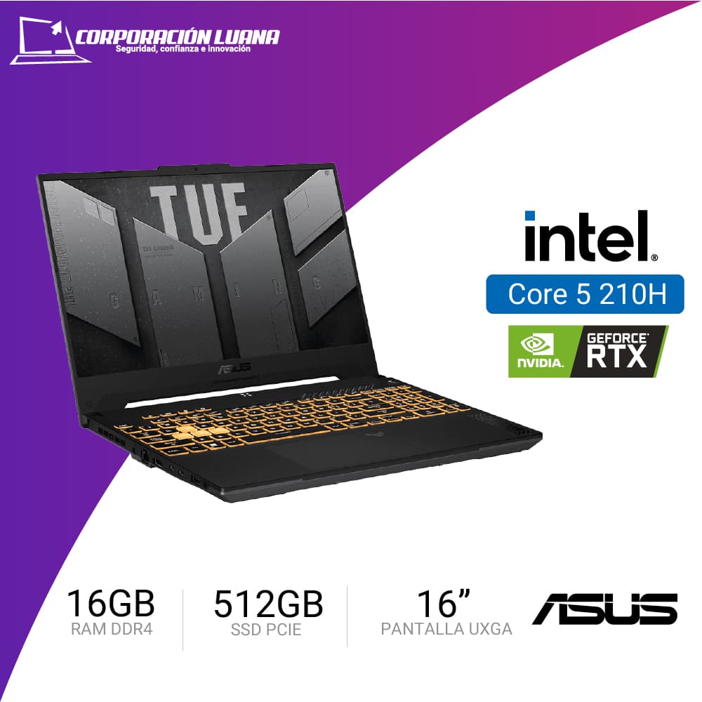 Imagen de LAPTOP ASUS TUF GAMING F16 INTEL CORE 5 210H ( FX607VJ-RL009 ) RAM 16GB DDR4 | SSD 512GB | 16" WUXGA  IPS | RTX 3050 6GB | FREE OS