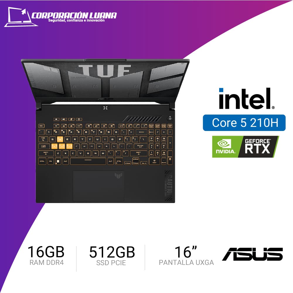 Imagen de LAPTOP ASUS TUF GAMING F16 INTEL CORE 5 210H ( FX607VJ-RL009 ) RAM 16GB DDR4 | SSD 512GB | 16" WUXGA  IPS | RTX 3050 6GB | FREE OS