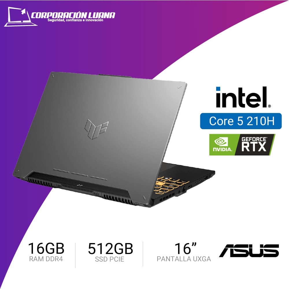 Imagen de LAPTOP ASUS TUF GAMING F16 INTEL CORE 5 210H ( FX607VJ-RL009 ) RAM 16GB DDR4 | SSD 512GB | 16" WUXGA  IPS | RTX 3050 6GB | FREE OS