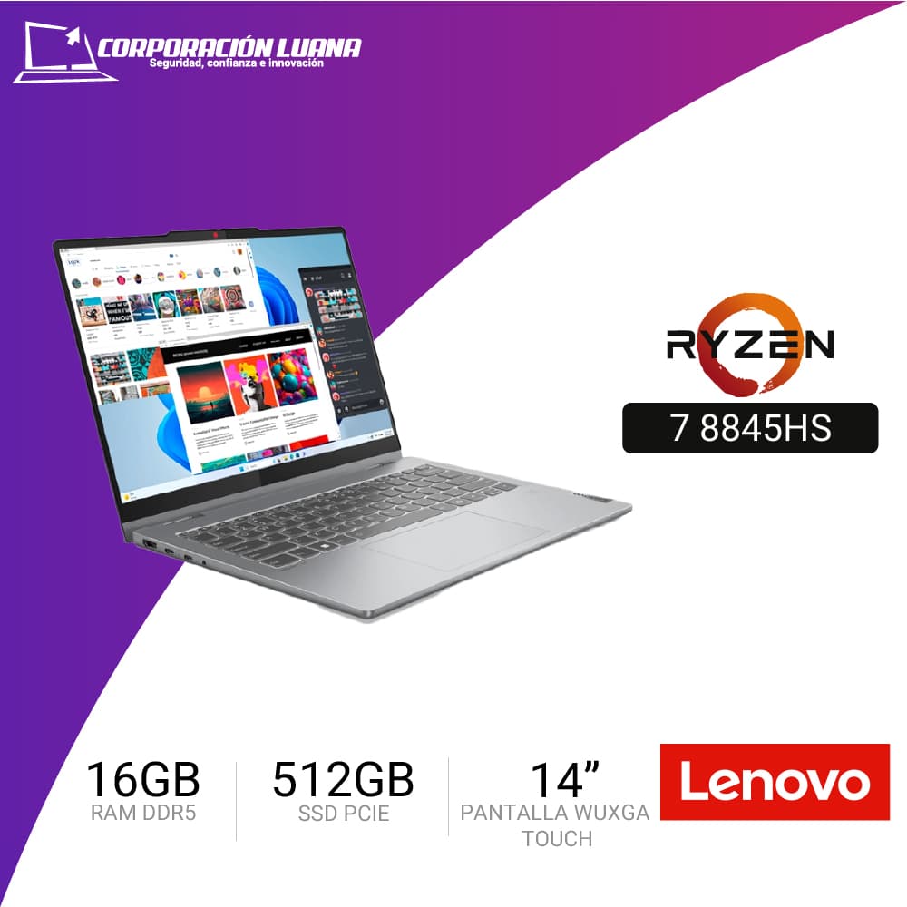 Foto del producto LAPTOP LENOVO IDEAPAD 5 14AHP9 AMD RYZEN 7 8845HS ( 83DR005ULM ) RAM 16GB DDR5 | SSD 512GB | 14" WUXGA TOUCH SCREEN | FREE OS