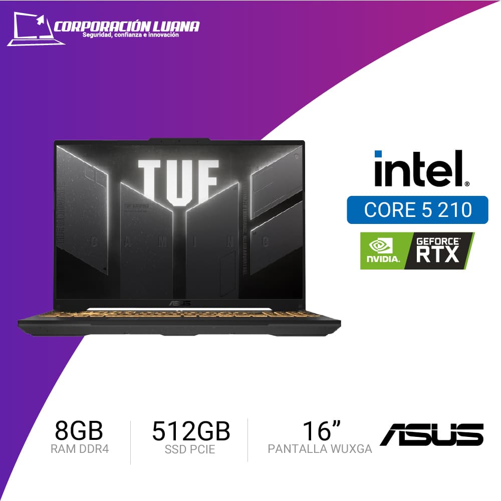 Foto del producto LAPTOP ASUS TUF GAMIG INTEL CORE 5 210H FX607V ( 90NR0MZ6-M000P0 ) RAM 8GB DDR4 | SSD 512GB | 16" WUXGA | RTX 3050 6GB | FREE 0S