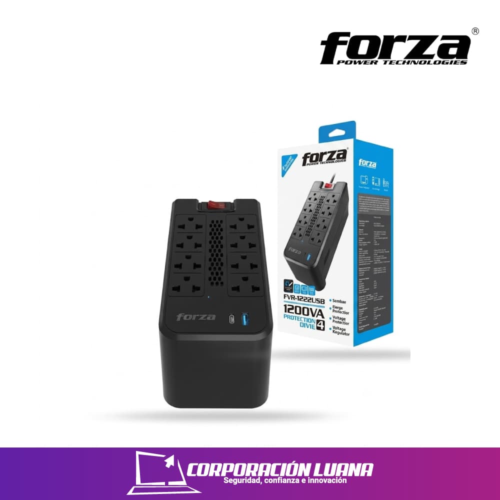 ESTABILIZADOR FORZA 8 TOMAS ( FVR-1222 USB ) 1200VA - 600W | NEGRO