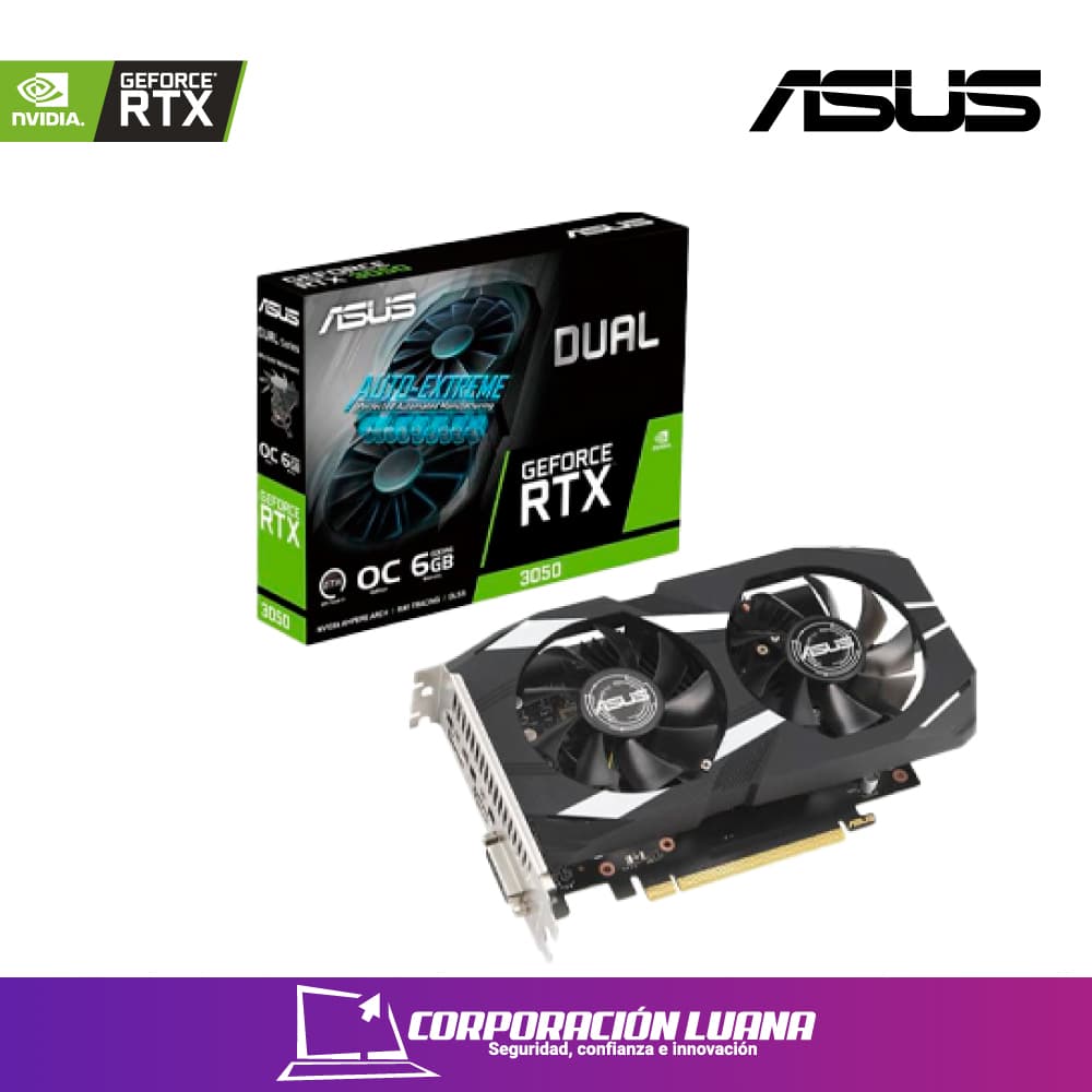TARJETA DE VIDEO ASUS DUAL NVIDIA GEFORCE RTX 3050 X 6GB GDDR6 96 BIT, DISPLAYPORT X 1, HDMI 1, DVI 1605 90YV0K60-M0AA00