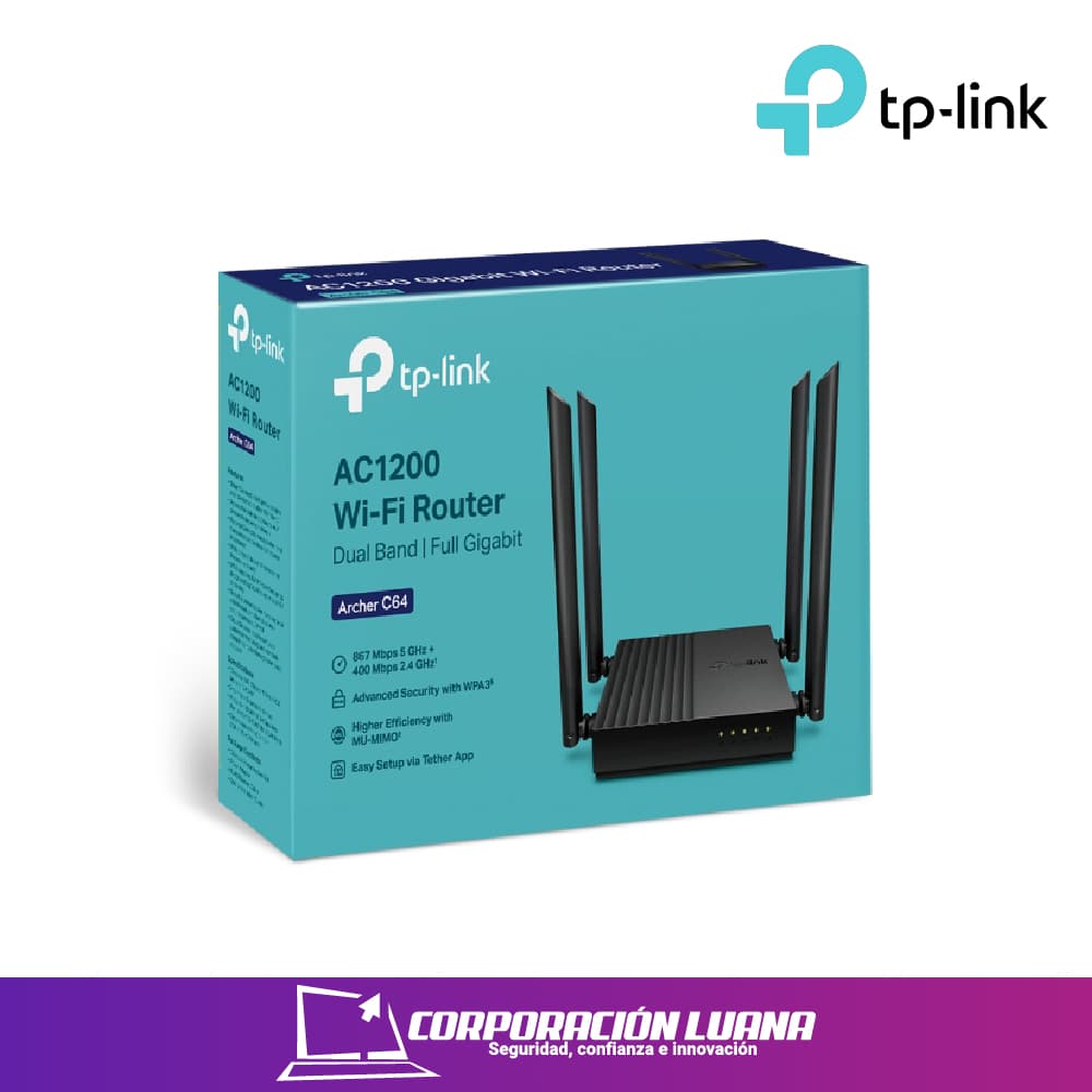 ROUTER INALAMBRICO TP-LINK ARCHER C64 AC1200 DOBLE BANDA WIFI 4 ANTENAS 2.4 GHZ / 5GHZ PUERTOS LAN  GIGABITE