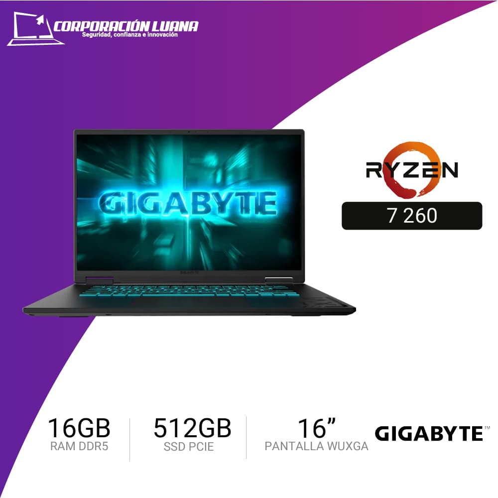 LAPTOP GAMER GIGABYTE A16 AMD RYZEN 7 260 ( GAMING-A163THK3LA893PD ) RAM 16GB DDR5 | SSD 512GB | 16" WUXGA 165HZ | RTX 5050 8GB | FREE OS