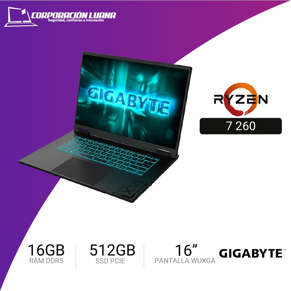 LAPTOP GAMER GIGABYTE A16 AMD RYZEN 7 260 ( GAMING-A163THK3LA893PD ) RAM 16GB DDR5 | SSD 512GB | 16" WUXGA 165HZ | RTX 5050 8GB | FREE OS