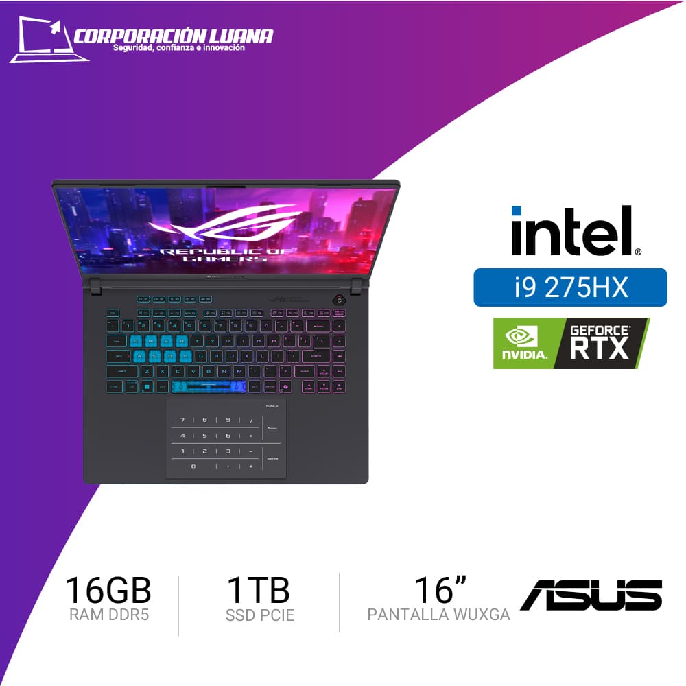 LAPTOP ASUS ROG STRIX G16 RYZEN 9 8940HX ( G614PM-RV221W ) RAM 16GB DDR5 | SSD 512GB | 16" WUXGA 165HZ | RTX 5060 8GB | WINDOWS 11