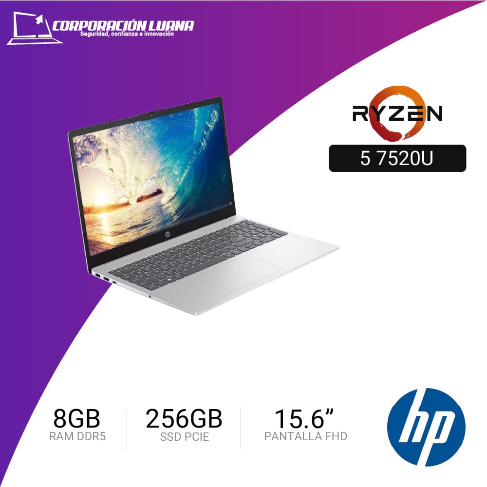 LAPTOP HP AMD RYZEN 5 7520U 15-FC009LA ( 802M9LA#ABM ) RAM 8GB DDR5 | SSD 256GB | 15.6" FHD | VIDEO INTEGRADO | FREE OS