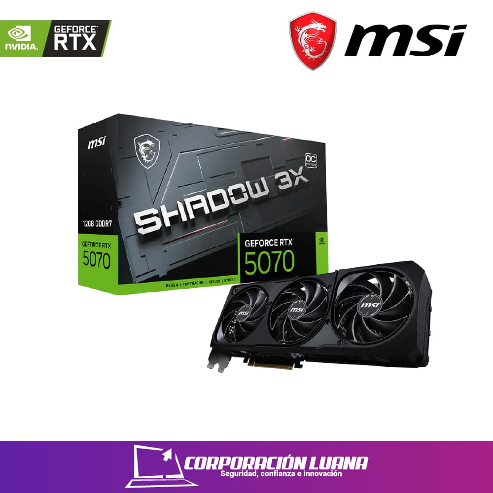 TARJETA DE VIDEO MSI RTX 5070 SHADOW OC ( 824142405741 ) 12GB - GDDR7 | X3 FANES | DLSS4 | 192 BIT | X3 DP - 1 HDMI