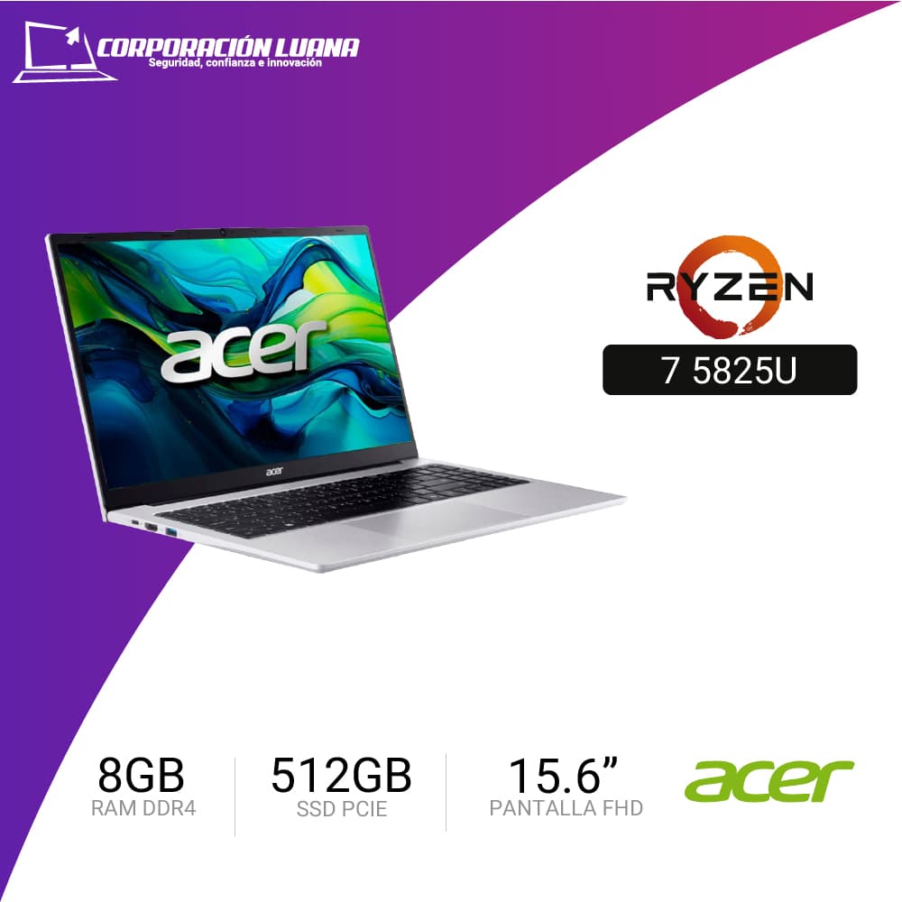 LAPTOP ACER ASPIRE LITE 15 AMD RYZEN 7 5825U ( AL15-43P-R8W7 ) RAM 8GB DDR4 | SSD 512GB | 15.6" FHD | WINDOWS 11 HOME