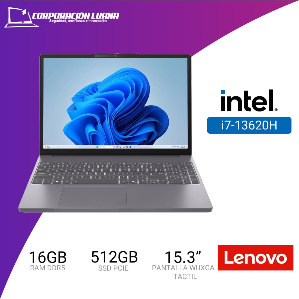 LAPTOP LENOVO IDEAPAD SLIM 3 15IRH10 INTEL CORE I7 13620H ( 83K101EVLM ) RAM 16GB DDR5 | SSD 512GB | 15.3" WUXGA TACTIL | INTEGRADA | FREE OS | GRIS