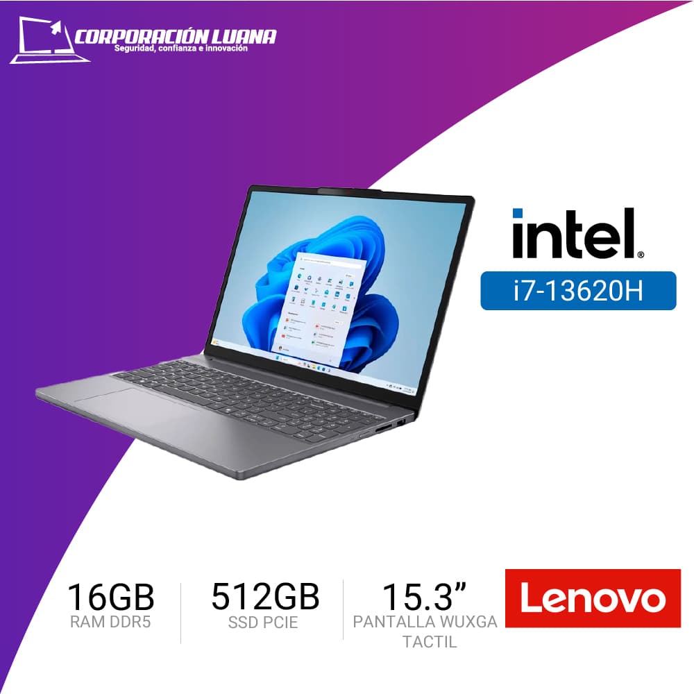LAPTOP LENOVO IDEAPAD SLIM 3 15IRH10 INTEL CORE I7 13620H ( 83K101EVLM ) RAM 16GB DDR5 | SSD 512GB | 15.3" WUXGA TACTIL | INTEGRADA | FREE OS | GRIS