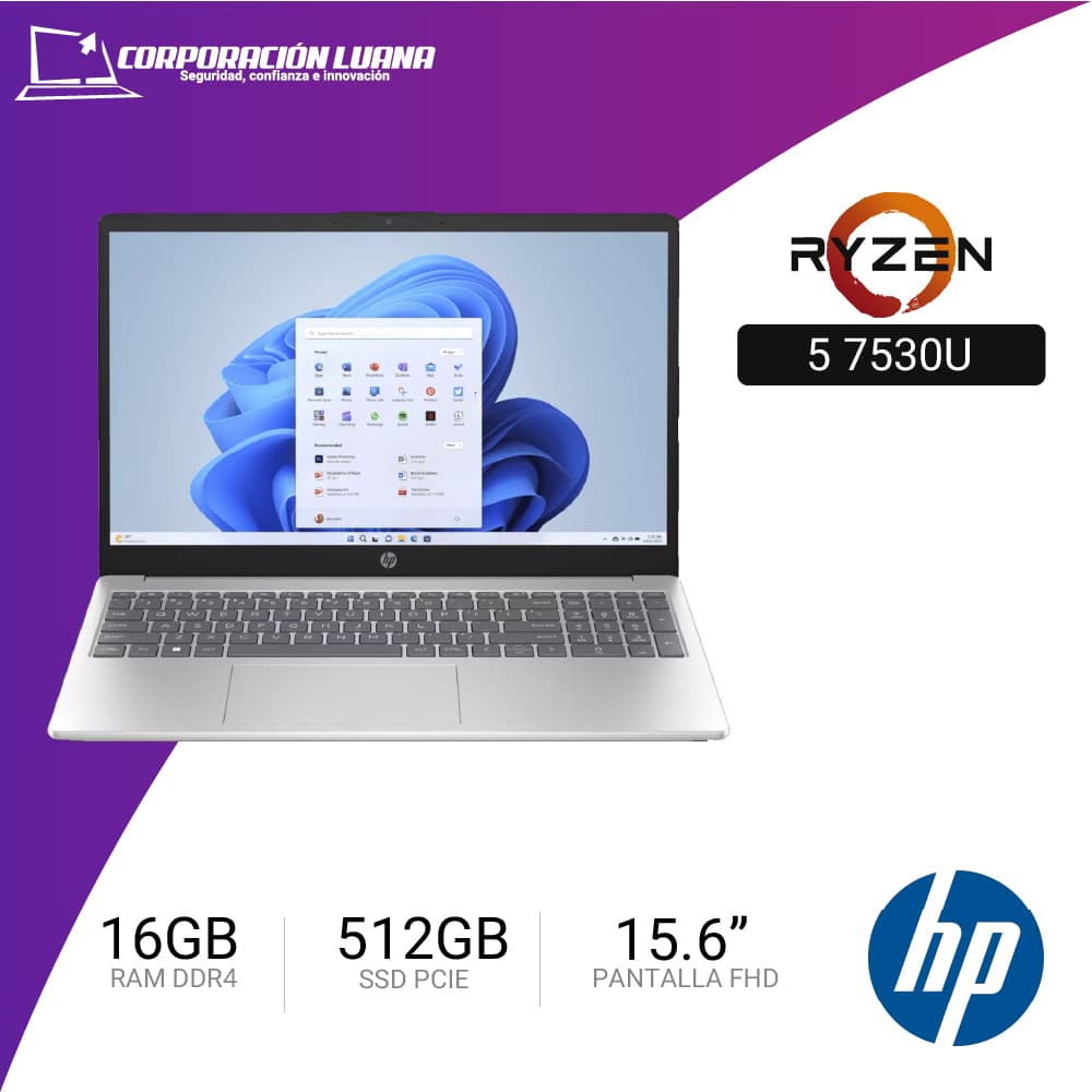 LAPTOP HP 15-FC0356LA AMD RYZEN 5 7530U ( D6ZS8LA#ABM ) RAM 16GB DDR4 | SSD 512GB | 15.6" FHD | INTEGRADO | FREE OS