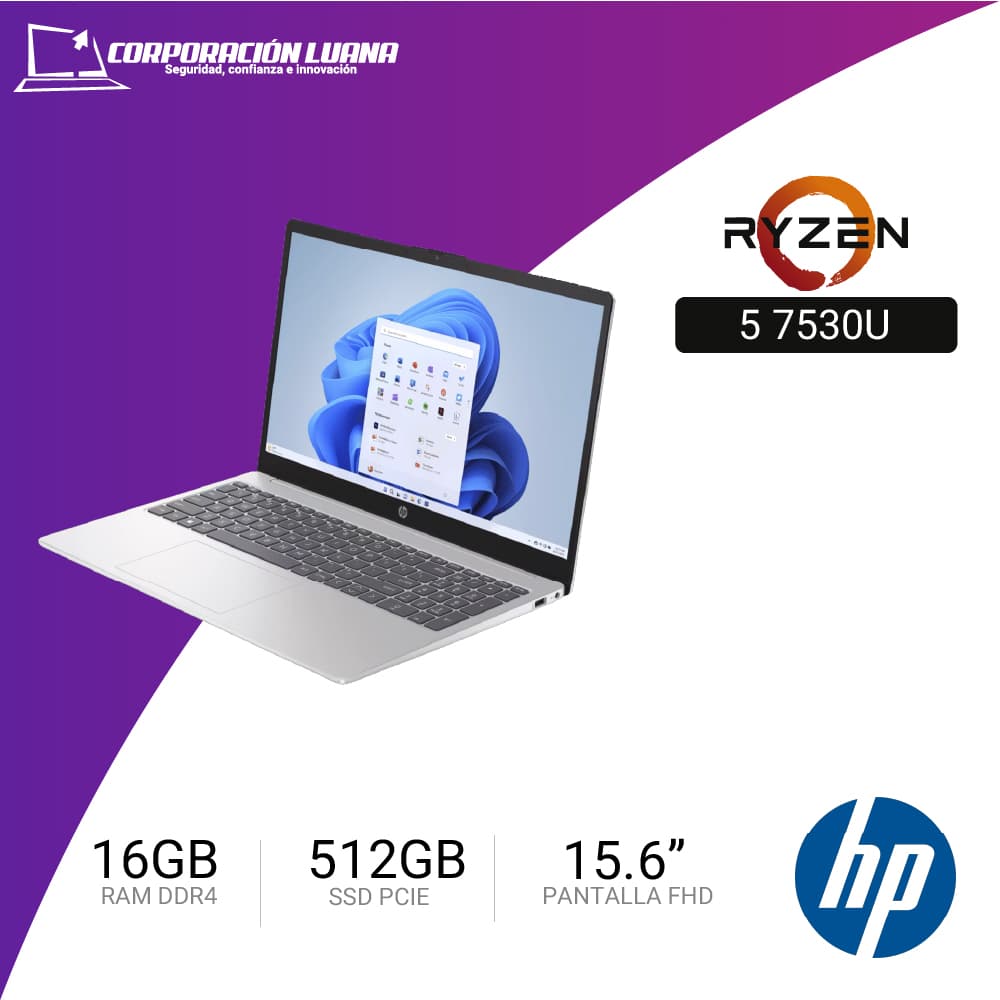 LAPTOP HP 15-FC0356LA AMD RYZEN 5 7530U ( D6ZS8LA#ABM ) RAM 16GB DDR4 | SSD 512GB | 15.6" FHD | INTEGRADO | FREE OS