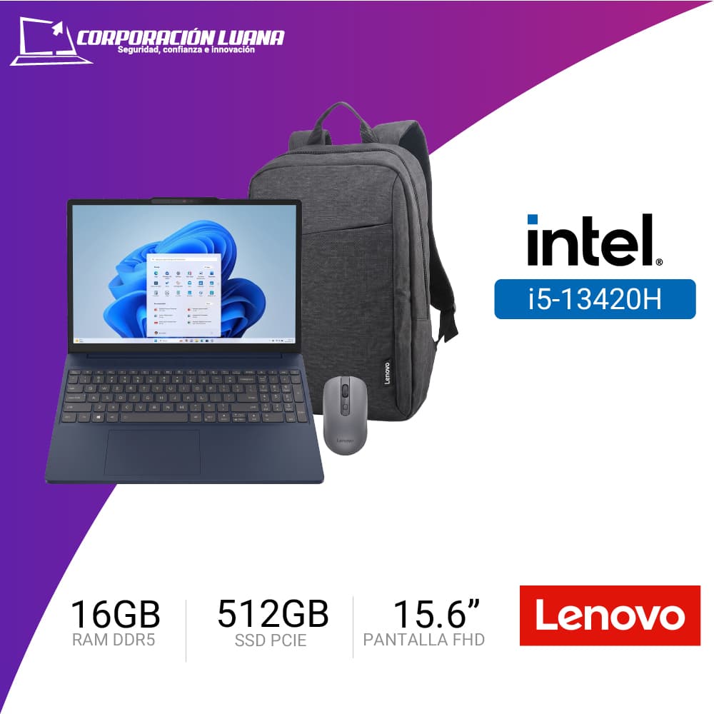 LAPTOP LENOVO IDEAPAD SLIM 3 15IRH10 INTEL CORE I5 13420H ( 83K101FELM ) RAM 16GB DDR5 | SSD 512GB | 15.6" FHD | ESTUCHE | MOUSE | WINDOWS 11 HOME