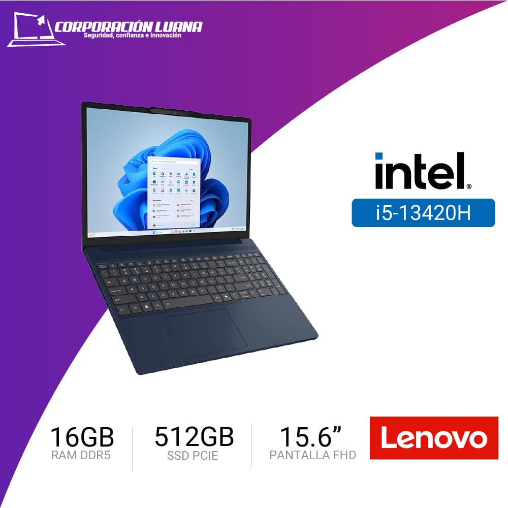 LAPTOP LENOVO IDEAPAD SLIM 3 15IRH10 INTEL CORE I5 13420H ( 83K101FELM ) RAM 16GB DDR5 | SSD 512GB | 15.6" FHD | ESTUCHE | MOUSE | WINDOWS 11 HOME